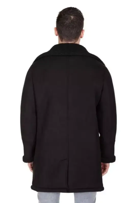 Men's Faux Shearling Double Breasted Overcoat - Black - 3