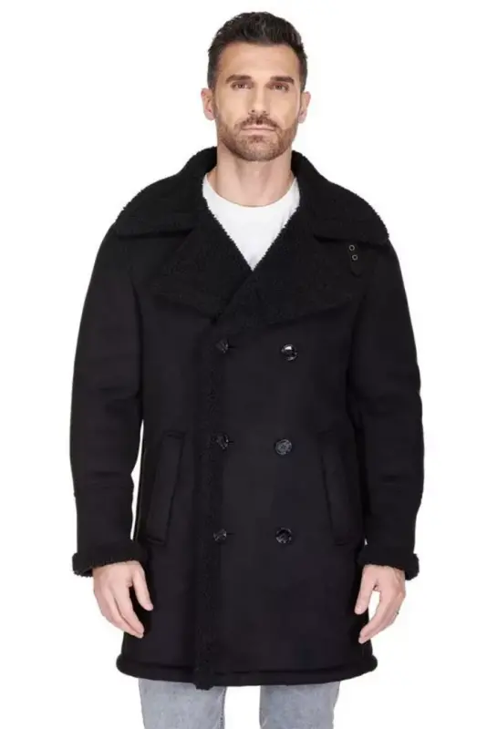 Men's Faux Shearling Double Breasted Overcoat - Black - 4