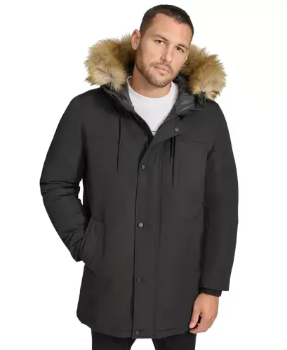Men's Long Parka with Faux-Fur Lined Hood - Black 