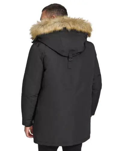 Men's Long Parka with Faux-Fur Lined Hood - Black - 2