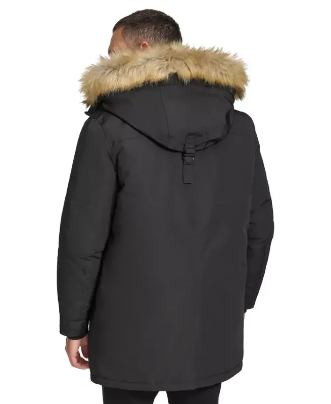 Men's Long Parka with Faux-Fur Lined Hood - Black - 2