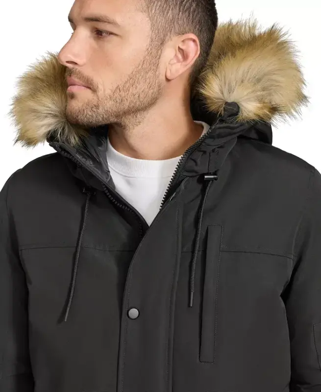 Men's Long Parka with Faux-Fur Lined Hood - Black - 4