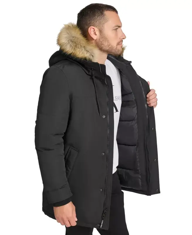 Men's Long Parka with Faux-Fur Lined Hood - Black - 6
