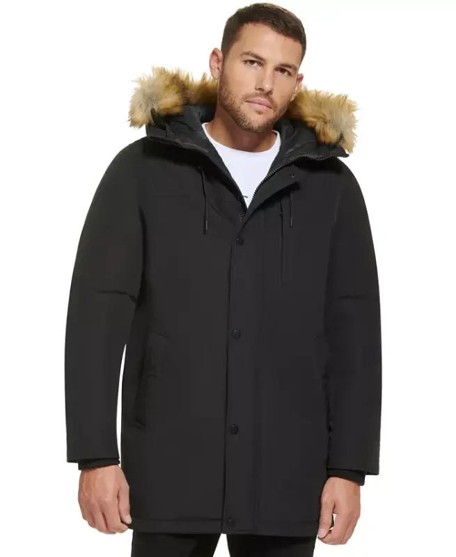 Men's Long Parka with Faux-Fur Lined Hood - Black - 7