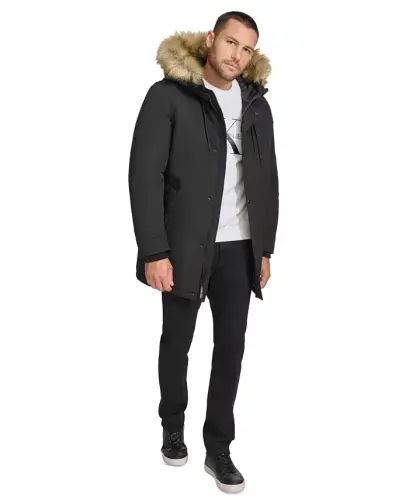 Men's Long Parka with Faux-Fur Lined Hood - Black - 8