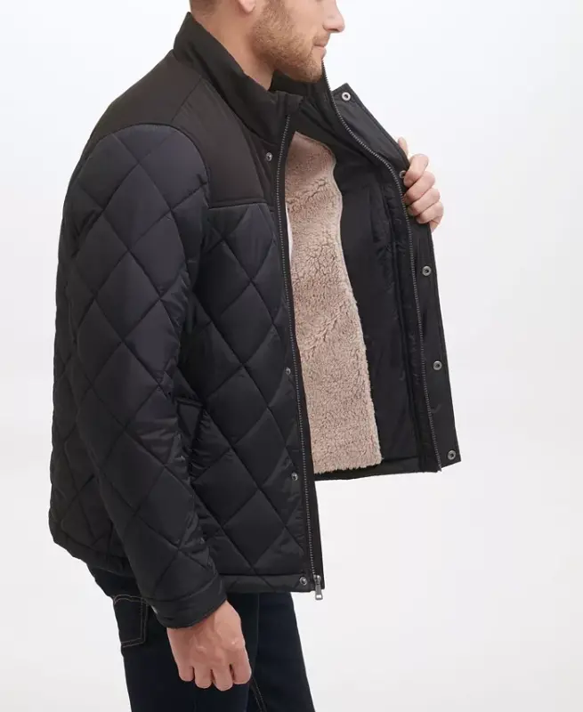 Men's Mixed Media Diamond Quilt with Faux Sherpa Lining Coat - Black - 3