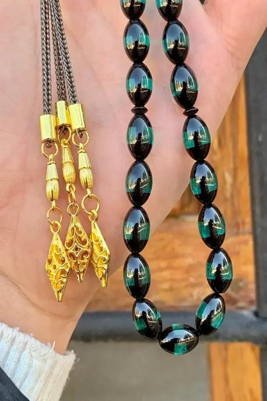 Erkek Sürmeli Toz Kehribar Tesbih-yeşil Siyah - 2