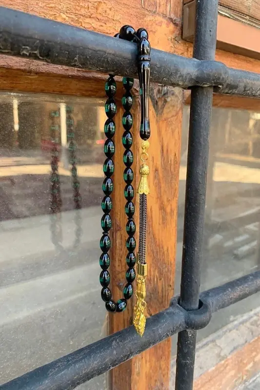 Erkek Sürmeli Toz Kehribar Tesbih-yeşil Siyah - 5