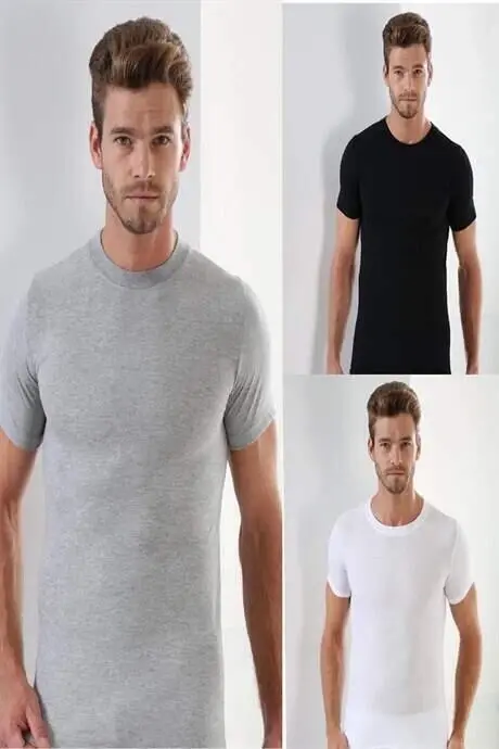Erkek T-Shirt Beyaz Siyah Gri Sıfır Yaka Kısa Kollu 3'lü Paket %100 Pamuk - 2