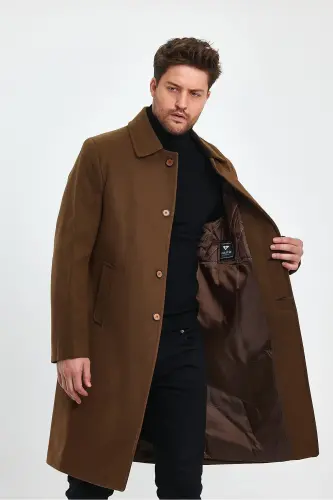 Erkek Taba Uzun Regular Fit Kaşe Kaban-KAHVERENGİ - TREND KOMBİN (1)
