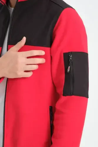 Erkek Tam Fermuar Softshell Garnili Polar Sweatshirt 3 cepli göğüs kısmı su ve ruzgar geçirmez-kırmızı - 2