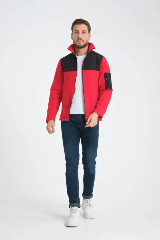 Erkek Tam Fermuar Softshell Garnili Polar Sweatshirt 3 cepli göğüs kısmı su ve ruzgar geçirmez-kırmızı - 6
