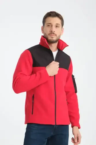 Erkek Tam Fermuar Softshell Garnili Polar Sweatshirt 3 cepli göğüs kısmı su ve ruzgar geçirmez-kırmızı - 7