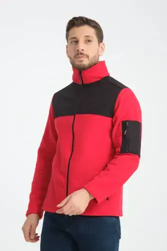Erkek Tam Fermuar Softshell Garnili Polar Sweatshirt 3 cepli göğüs kısmı su ve ruzgar geçirmez-kırmızı - 8