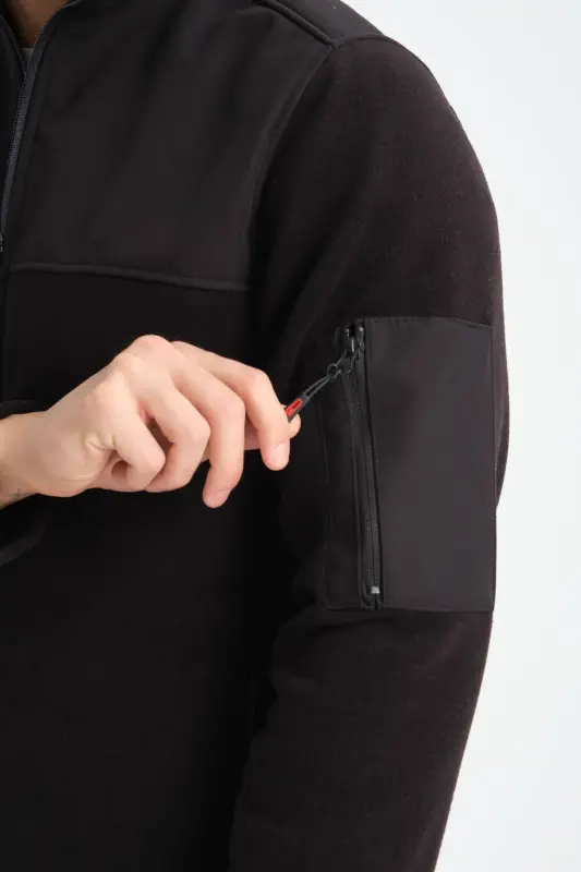 Erkek Tam Fermuar Softshell Garnili Polar Sweatshirt 3 cepli göğüs kısmı su ve ruzgar geçirmez - siyah - 2