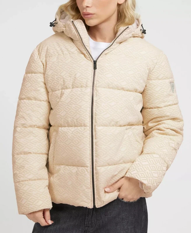 Men's Allover Logo Puffer Jacket-Tan - GUESS