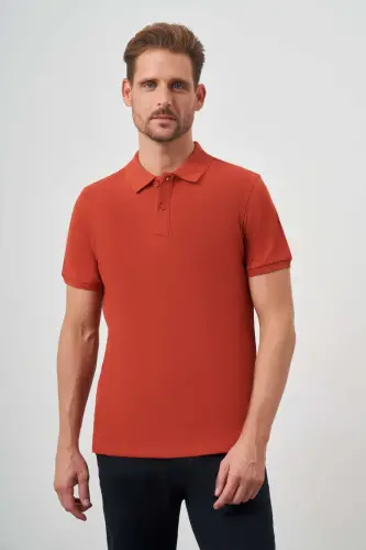 Erkek Tarçın Basic Düz %100 Pamuk Slim Fit Dar Kesim Kısa Kollu Polo Yaka Tişört 