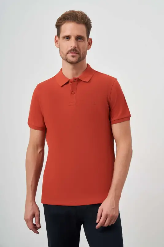 Erkek Tarçın Basic Düz %100 Pamuk Slim Fit Dar Kesim Kısa Kollu Polo Yaka Tişört - MORVEN