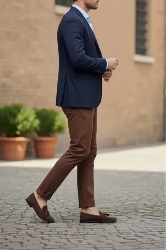Erkek Tarçın Kahve Gabardin Pamuklu Slim Fit Esnek Ofis Stili Chino Pantolon - Tarçın Kahve - 2