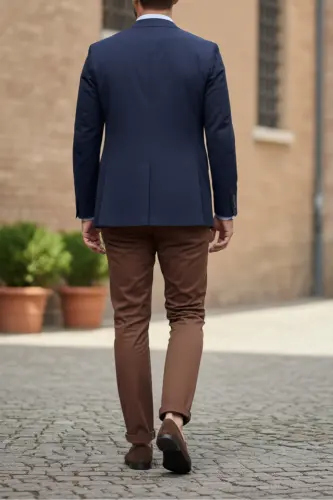 Erkek Tarçın Kahve Gabardin Pamuklu Slim Fit Esnek Ofis Stili Chino Pantolon - Tarçın Kahve - 3