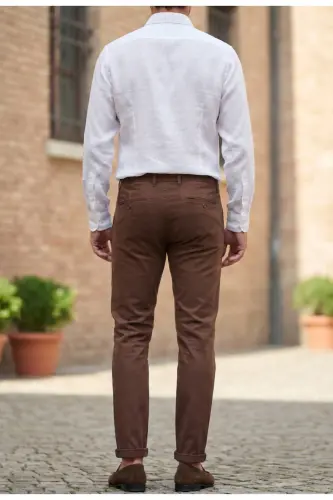 Erkek Tarçın Kahve Gabardin Pamuklu Slim Fit Esnek Ofis Stili Chino Pantolon - Tarçın Kahve - 5