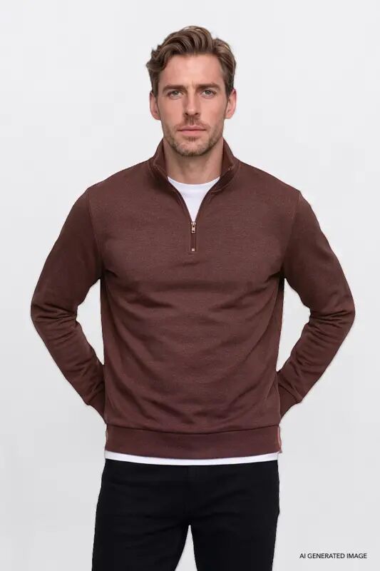 Erkek Tarçın Standart Fit Normal Kesim İçi Polarlı Bato Yaka Pamuklu Sweatshirt - Tarçın - AC&Co / Altınyıldız Classics
