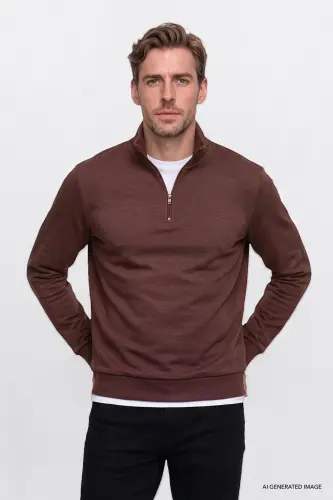 Erkek Tarçın Standart Fit Normal Kesim İçi Polarlı Bato Yaka Pamuklu Sweatshirt - Tarçın - 1