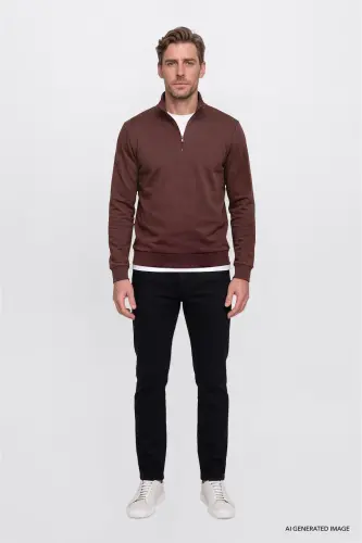 Erkek Tarçın Standart Fit Normal Kesim İçi Polarlı Bato Yaka Pamuklu Sweatshirt - Tarçın - 3