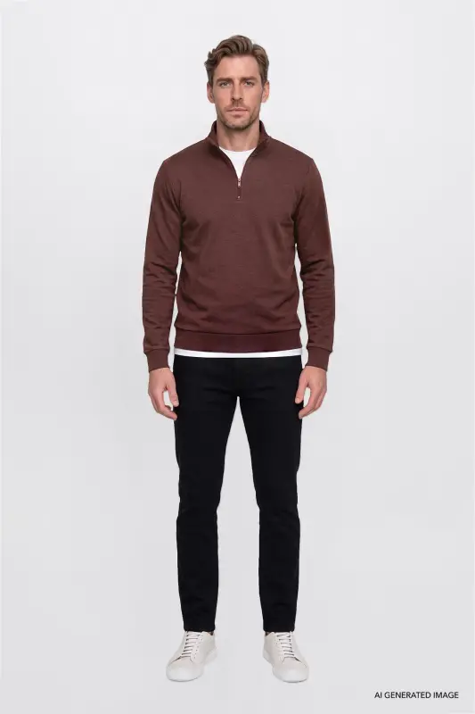 Erkek Tarçın Standart Fit Normal Kesim İçi Polarlı Bato Yaka Pamuklu Sweatshirt - Tarçın - 3