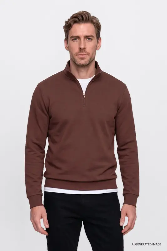 Erkek Tarçın Standart Fit Normal Kesim İçi Polarlı Bato Yaka Pamuklu Sweatshirt - Tarçın - 4
