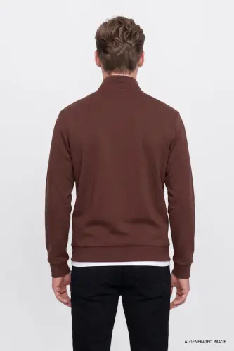 Erkek Tarçın Standart Fit Normal Kesim İçi Polarlı Bato Yaka Pamuklu Sweatshirt - Tarçın - 5
