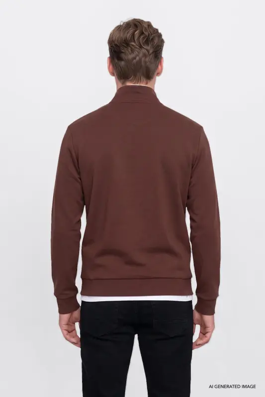 Erkek Tarçın Standart Fit Normal Kesim İçi Polarlı Bato Yaka Pamuklu Sweatshirt - Tarçın - 5