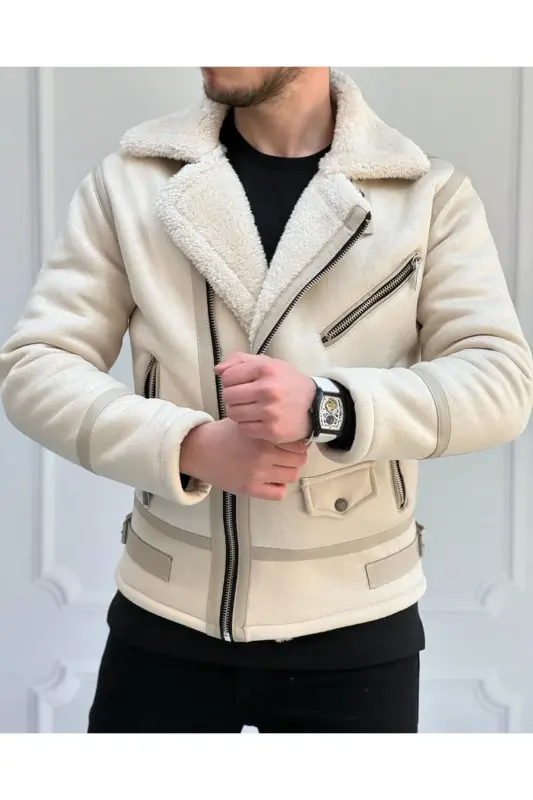 Erkek Taş Beyaz Napa Deri Mont İçi Komple Kürklü Kuzey Model Mont - Taş Beyaz - HE BRAND