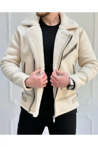 Erkek Taş Beyaz Napa Deri Mont İçi Komple Kürklü Kuzey Model Mont - Taş Beyaz - HE BRAND (1)