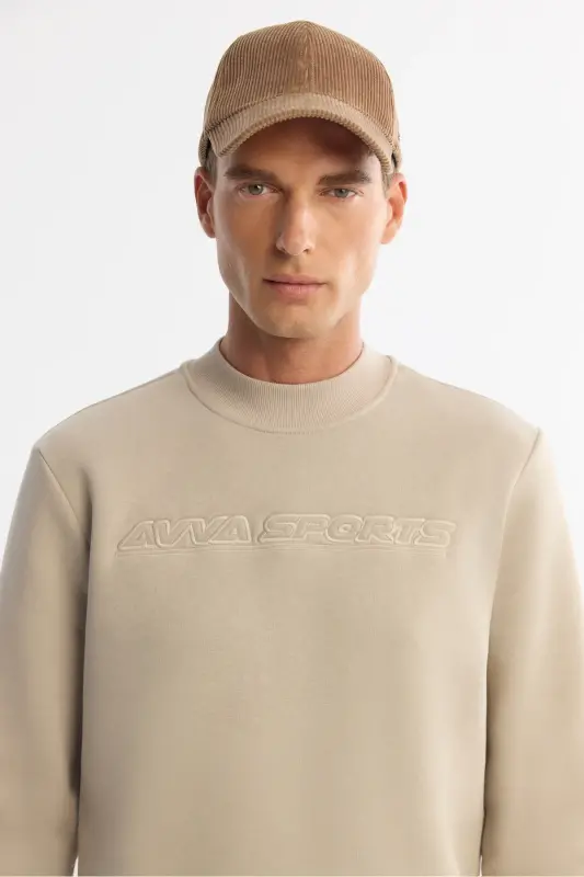 Erkek Taş Bisiklet Yaka 3 İplik Şardonlu Baskılı Regular Fit Sweatshirt A42Y1306 - Taş - 2