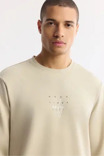 Erkek Taş Bisiklet Yaka Baskılı Bi-Stretch İnterlok Regular Fit Sweatshirt A51Y1235 - Taş - AVVA (1)
