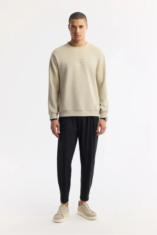 Erkek Taş Bisiklet Yaka Baskılı Bi-Stretch İnterlok Regular Fit Sweatshirt A51Y1235 - Taş - 5