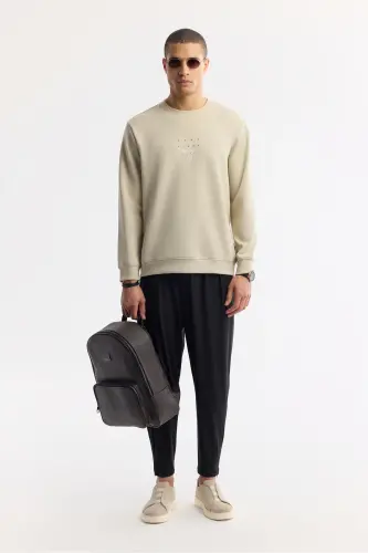 Erkek Taş Bisiklet Yaka Baskılı Bi-Stretch İnterlok Regular Fit Sweatshirt A51Y1235 - Taş - 6