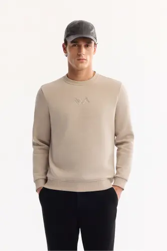Erkek Taş Bisiklet Yaka Pamuklu Şardonlu Baskılı Regular Fit Sweatshirt B001033 - Taş 