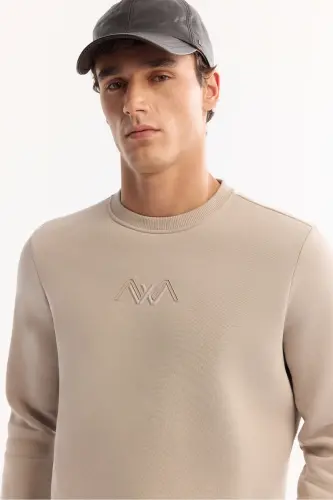 Erkek Taş Bisiklet Yaka Pamuklu Şardonlu Baskılı Regular Fit Sweatshirt B001033 - Taş - 2