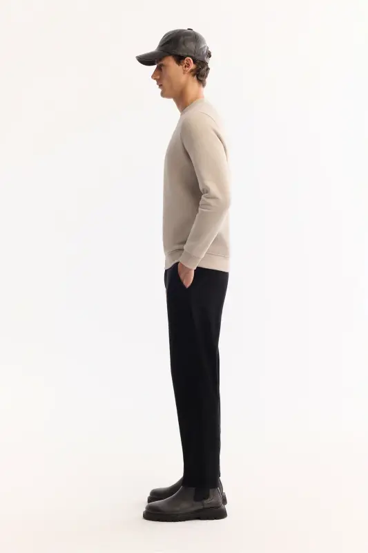 Erkek Taş Bisiklet Yaka Pamuklu Şardonlu Baskılı Regular Fit Sweatshirt B001033 - Taş - 3