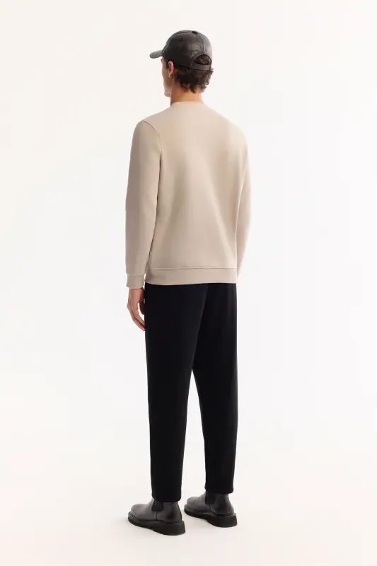 Erkek Taş Bisiklet Yaka Pamuklu Şardonlu Baskılı Regular Fit Sweatshirt B001033 - Taş - 4