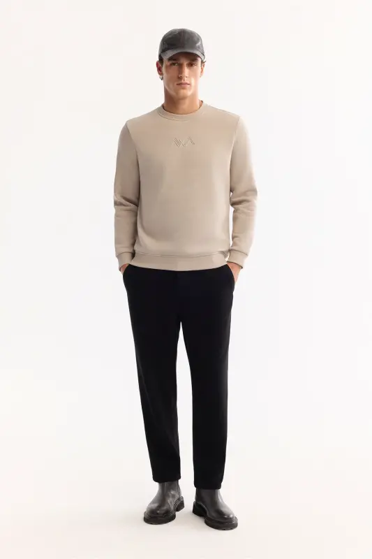 Erkek Taş Bisiklet Yaka Pamuklu Şardonlu Baskılı Regular Fit Sweatshirt B001033 - Taş - 5