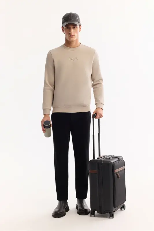 Erkek Taş Bisiklet Yaka Pamuklu Şardonlu Baskılı Regular Fit Sweatshirt B001033 - Taş - 6
