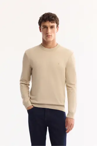 Erkek Taş Bisiklet Yaka Viskon Viskon Karışımlı Basic Triko Regular Fit Kazak B005021-Taş - 1