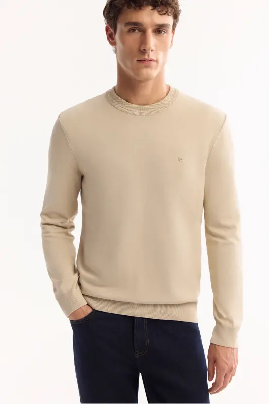 Erkek Taş Bisiklet Yaka Viskon Viskon Karışımlı Basic Triko Regular Fit Kazak B005021-Taş - 5