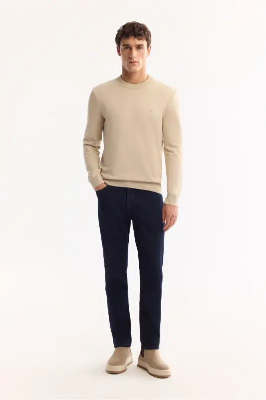 Erkek Taş Bisiklet Yaka Viskon Viskon Karışımlı Basic Triko Regular Fit Kazak B005021-Taş - 6