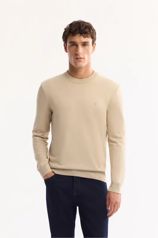 Erkek Taş Bisiklet Yaka Viskon Viskon Karışımlı Basic Triko Regular Fit Kazak B005021-Taş - AVVA