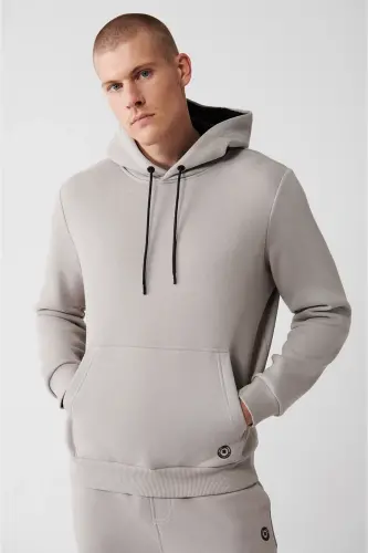 Erkek Taş Kapüşonlu 3 İplik Şardonlu Pamuklu Sweatshirt E001018 - Taş - 1