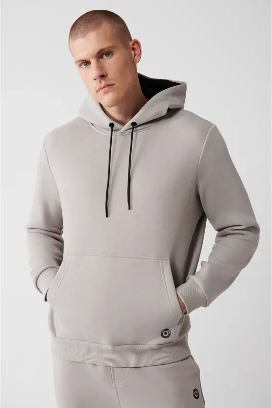 Erkek Taş Kapüşonlu 3 İplik Şardonlu Pamuklu Sweatshirt E001018 - Taş - AVVA